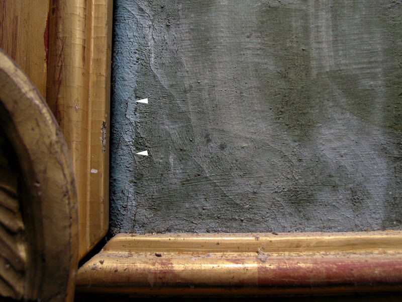 Untersuchung eines Altargem�ldes: Gem�lde wurde im Rahmen gefirnisst-sichtbare Firniskante